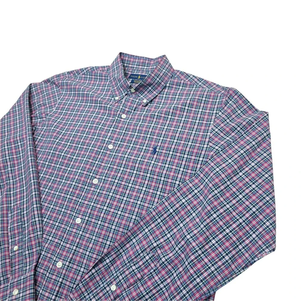 Polo Ralph Lauren Mens Large Plaid Button Down Shirt Blue Red Stretch Cotton L
